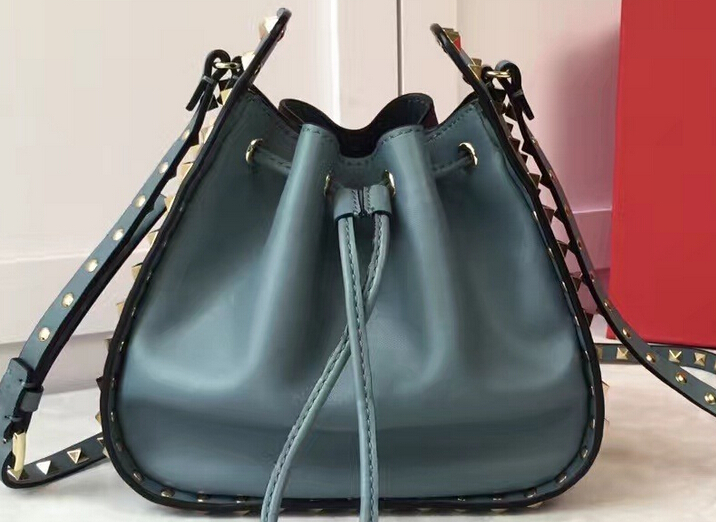 Spring 2017 Valentino Rockstud Drawstring Bucket Bag Baby blue - Click Image to Close