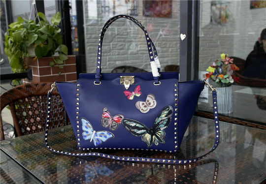 2016 A/W Valentino Rockstud Tote Bag Blue with multicoloured butterfly embroidery