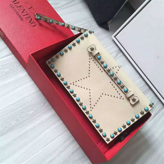 2016 A/W Valentino Garavani Starstudded Clutch in ivory leather with studs and turquoise stones