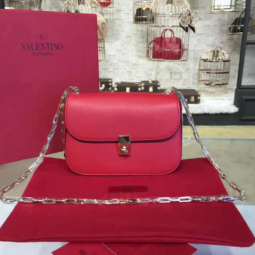 2017 S/S Valentino Chain Cross Body Bag in Red Calfskin Leather