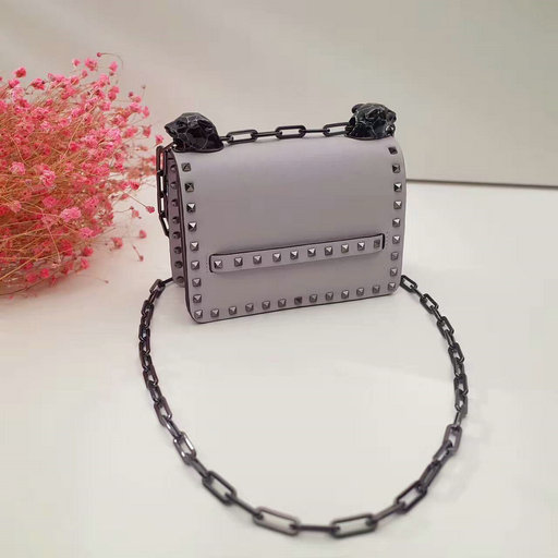 2017 F/W Valentino Small Rockstud Panther Chain Shoulder Bag in Grey Leather