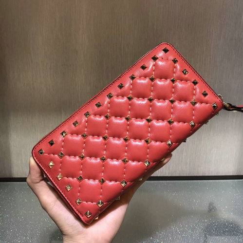 2017 F/W Valentino Rockstud Spike Zip Continental Wallet in red lambskin leather