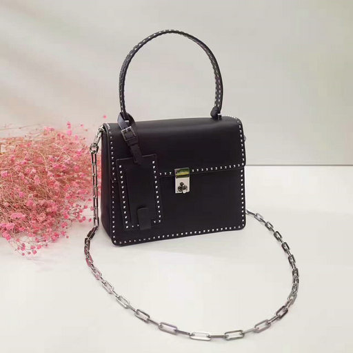 2017 F/W Valentino Small Stud Stitching Single Handle Bag in Black Leather