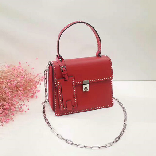 2017 F/W Valentino Small Stud Stitching Single Handle Bag in Red Leather