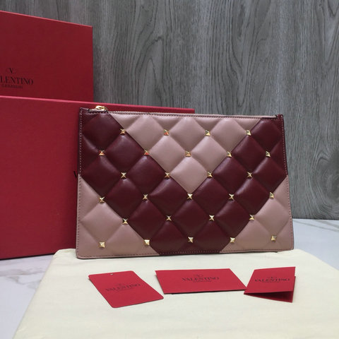 2018 New Valentino Candystud Clutch Pouch Bag in Light Pink/Burgundy Leather