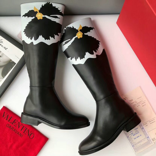 2018 F/W Valentino Flower Motif Knee High Boot in Black Leather