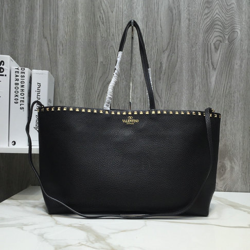 2018 New Valentino Rockstud Shopper Tote Bag in Black Leather