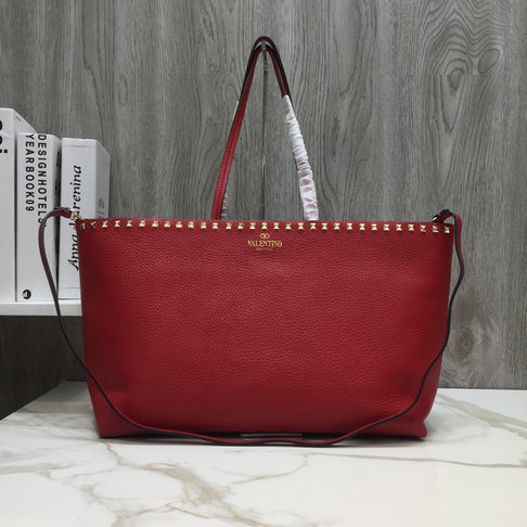 2018 New Valentino Rockstud Shopper Tote Bag in Red Calfskin Leather
