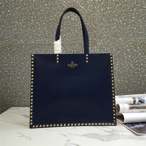 2018 Spring/Summer Valentino Shopping Tote Bag in dark blue calf leather