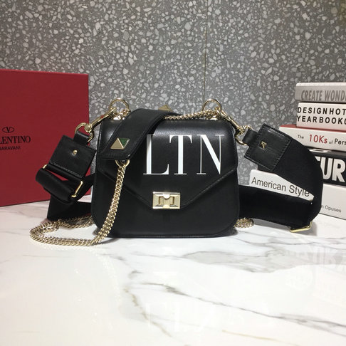 2018 Valentino VLTN Small Shoulder Strap Saddle Bag in Black Calfskin Leather