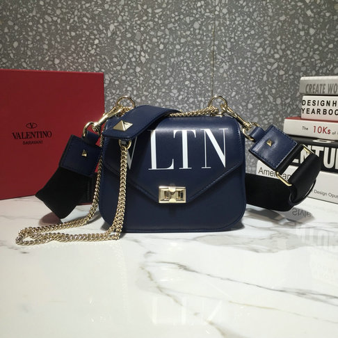 2018 Valentino VLTN Small Shoulder Strap Saddle Bag in Dark Blue Calfskin Leather