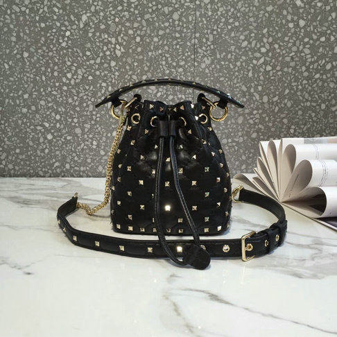 2018 S/S Valentino Rockstud Spike Small Bucket Bag in black lambskin leather