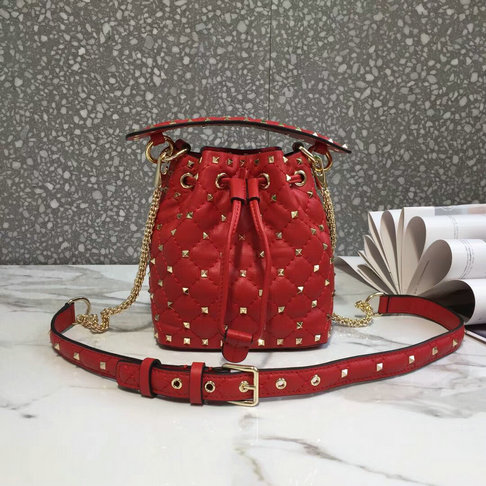 2018 S/S Valentino Rockstud Spike Small Bucket Bag in red lambskin leather