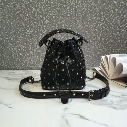 2018 S/S Valentino Rockstud Spike Small Bucket Bag in black crackle lambskin leather
