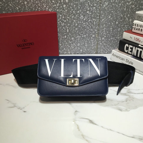 2018 Valentino VLTN Logo Belt Bag in Dark Blue Calf Leather