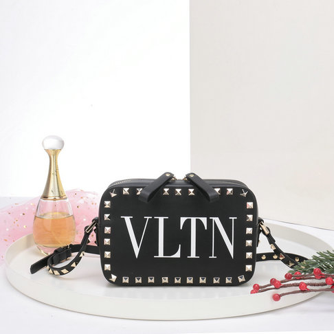 2018 S/S Valentino Rockstud Camera Bag in Black VLTN Print Calf Leather