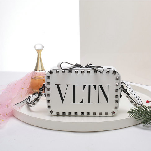2018 S/S Valentino Rockstud Camera Bag in White VLTN Print Calf Leather