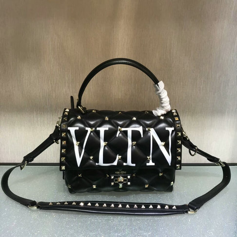 2018 S/S Valentino VLTN Print Candystud Single Handle Bag in Black lambskin leather