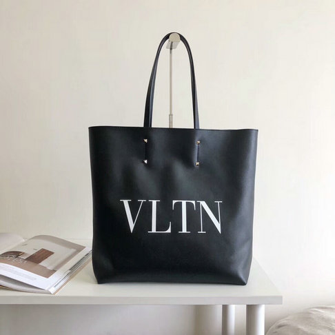 2018 New Valentino Rockstud VLTN Print Shopping Tote Bag in Black