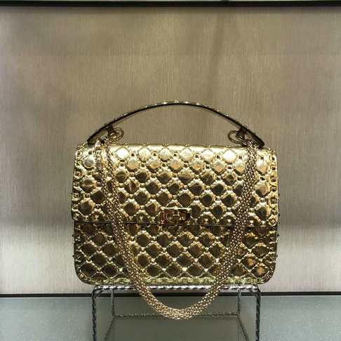 2018 S/S Valentino Garavani Rockstud Spike Large Bag in Gold Crackle Lambskin Leather - Click Image to Close