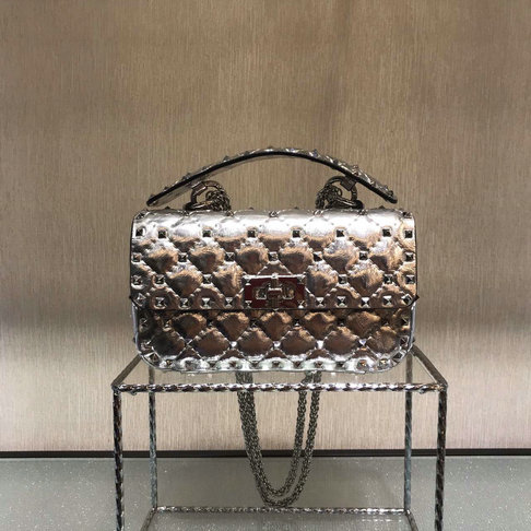 2018 S/S Valentino Garavani Rockstud Spike Small Bag in Silver Crackle Lambskin Leather - Click Image to Close