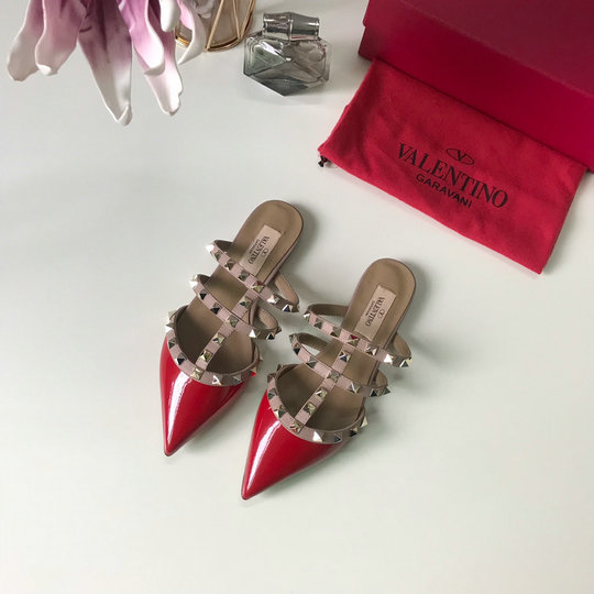 2019 Valentino Rockstud Backless Point-toe Flats in Red Patent Leather