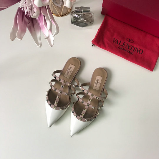 2019 Valentino Rockstud Backless Point-toe Flats in White Patent Leather