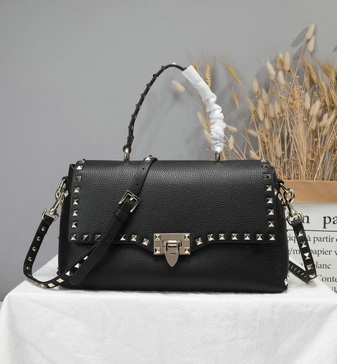 2019 Valentino Rockstud Handbag in Black Grain Calfskin Leather