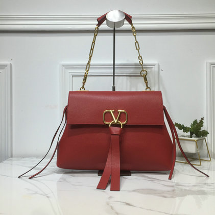 2019 Valentino Medium VRing Grainy Calfskin Chain Bag in Red