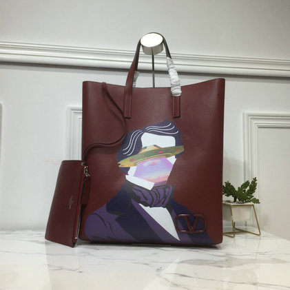 2019 Valentino Painted Long N/S Vring Shopping Tote in calfskin leather