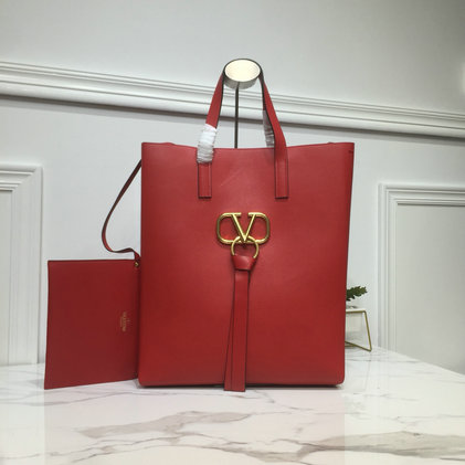 2019 Valentino Long N/S Vring Shopping Tote in red calfskin leather