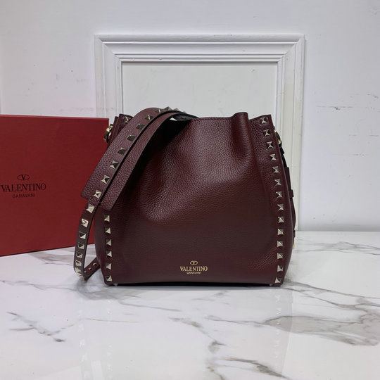2020 Valentino Small Rockstud Bucket Bag in Burgundy Grainy Calfskin Leather
