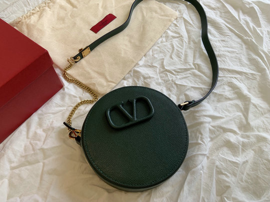 2020 Valentino Round VSling Shoulder Bag in dark green grained calfskin leather