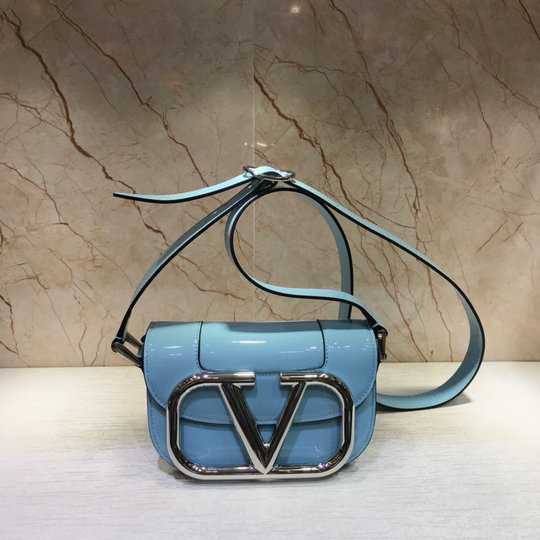 2020 Valentino Small Supervee Shoulder Bag in Light Blue Patent Leather