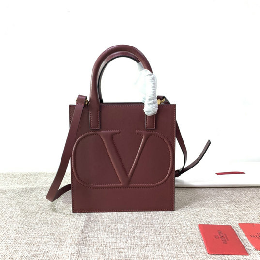 2020 Valentino Small VLogo Walk Tote Bag in Burgundy Calfskin Leather