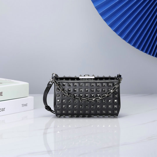 2021 Valentino Rockstud Alcove Grainy Calfskin Clutch Bag with All-Over Studs