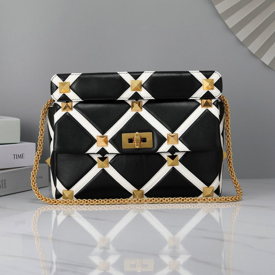 2021 Valentino Large Roman Stud The Shoulder Bag in Black/IvoryNappa with Grid Detailing