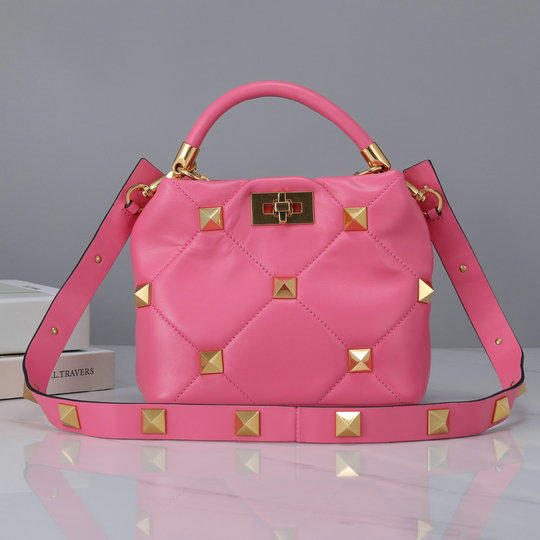 2021 Valentino Small Roman Stud The Handle Bag in Flamingo Pink Nappa Leather