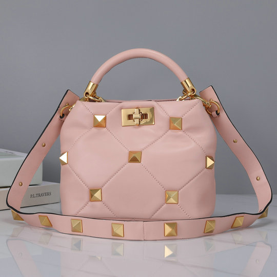 2021 Valentino Small Roman Stud The Handle Bag in Rose Cannelle Nappa Leather