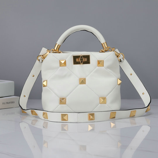 2021 Valentino Small Roman Stud The Handle Bag in Ivory Nappa Leather