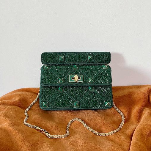2022 Valentino Roman Stud The Shoulder Bag Green with Sparkling Embroidery