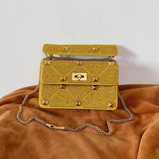 2022 Valentino Roman Stud The Shoulder Bag Yellow with Sparkling Embroidery