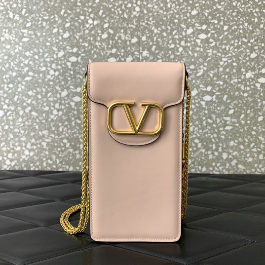 2023 Valentino Locò Phone Case with chain in Rose Cannelle Calfskin Leather