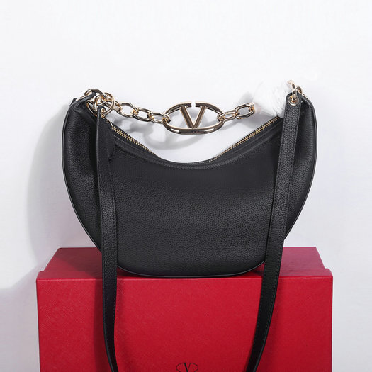 2023 Valentino Moon Small Hobo Bag in Black Leather with chain