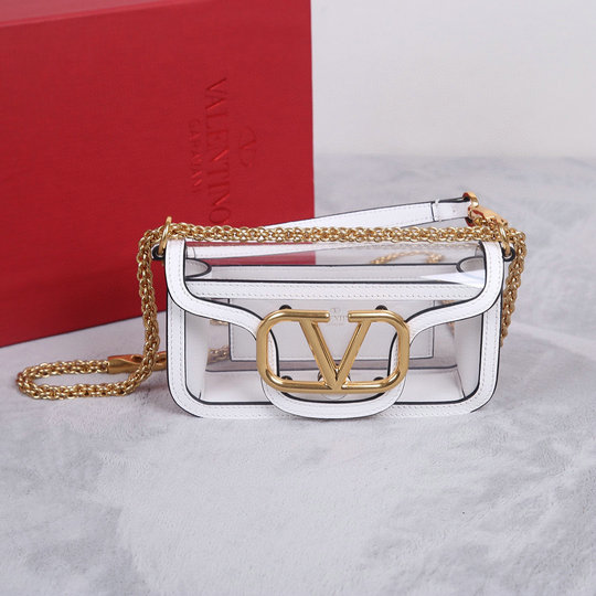 2023 Valentino Small Locò Shoulder Bag in Transparent Polymeric Material with white leather trim
