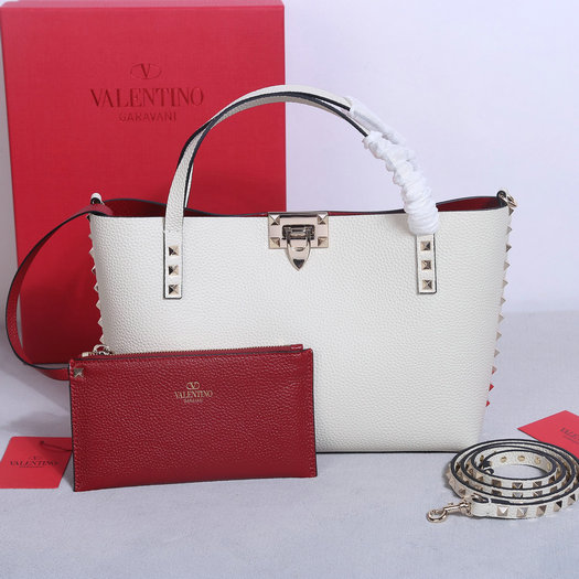 2023 Valentino Rockstud Small Tote Bag in Ivory/Red Grainy Calfskin Leather