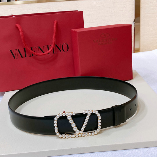 2023 Valentino VLogo Signature Reversible Belt in black calfskin with pearls