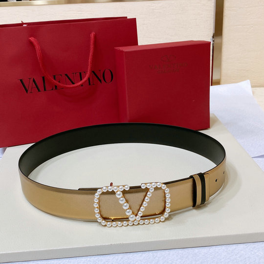 2023 Valentino VLogo Signature Reversible Belt in gold calfskin with pearls