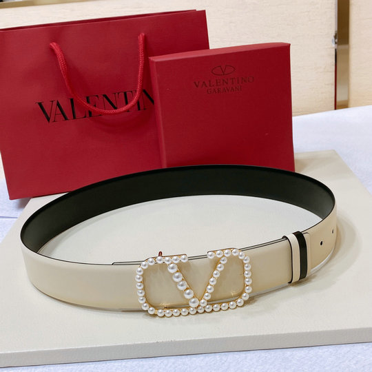 2023 Valentino VLogo Signature Reversible Belt in latte calfskin with pearls