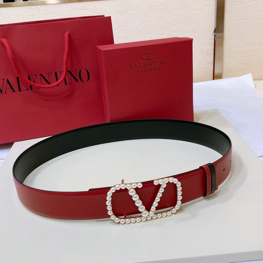 2023 Valentino VLogo Signature Reversible Belt in red calfskin with pearls